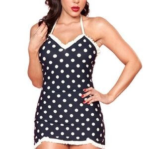 Bettie Page Retro Polka Dot Ruffle Trim One Piece Swim Dress Navy Blue Size 16W